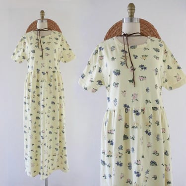 chamomile floral maxi dress - l - vintage 90s 1990s yellow womens cute cottage cottagecore large summer market short sleeve 