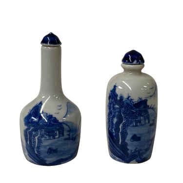 2 x Chinese Porcelain Snuff Bottle Blue White Scenery Graphic ws2467E 