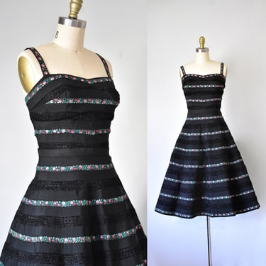Giovannozzi 1950s Italian two-piece set, pin up vintage skirt set, floral circle skirt, black corset top 
