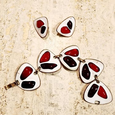 1960s Midcentury Modern Enamel Jewelry K Denning Signed Bracelet Clip Earring Set White Red 