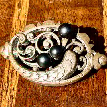 Gutta Percha Brooch Victorian Era Mourning Jewelry Handmade Antique Late 1800s 