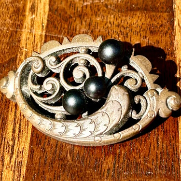 Gutta Percha Brooch Victorian Era Mourning Jewelry Handmade Antique Late 1800s 