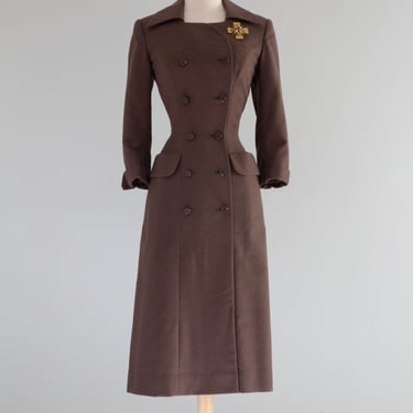 Impeccable 1950's Couture Espresso Wool Coat Dress By Rudolf Arnold / Small