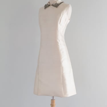 Elegant &amp; Chic 1960's Ivory Shantung Silk Shift Dress With Beaded Collar / Med.