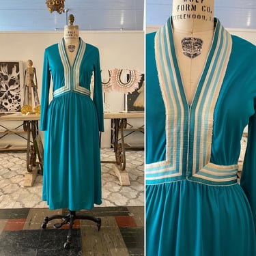 1970s victor costa dress, turquoise striped, vintage 70s dress, designer fashion, medium, long sleeve, teal ombre stripes, mod style, 29 