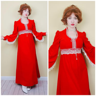 1970s Vintage Velour Red Poet Sleeve Dress / 70s Lace Front Romantic Holiday Maxi / Small - Medium 