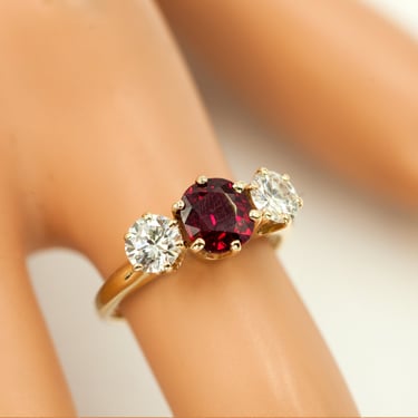 JLS 14K 3-Stone Ring, GIA Thai Ruby, 2 Diamonds, Size 5.25