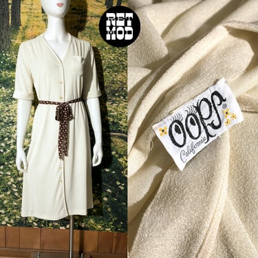 Chic Vintage 70s Off-White Textured Mid-Length Button Down Duster Dress by Oops California 