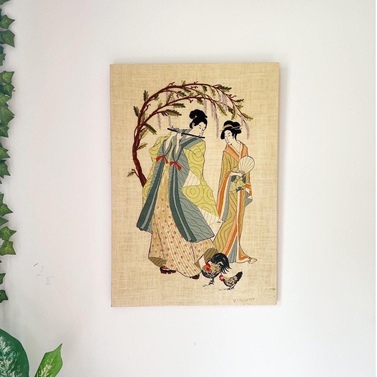 ハンドメイド　アート掛軸リバーシブル　オリジナルイラスト Vintage Crewel Art Japanese Figural Wisteria Embroidery Wall | Fox