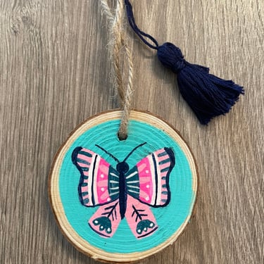 Folk Art Butterfly Ornament/Pink and Blue Boho Christmas Decoration with Tassel/ Hand Painted Wood Slice Holiday Tree Decor 