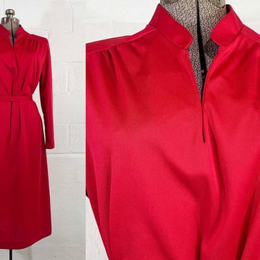 Vintage Fuchsia Dress Bright Pink Long Sleeves Mandarin Collar A-Line Mod Midi Wedding Blair Plus Curvy Volup XL XXL 2XL 1XL 2X 1X 1970s 