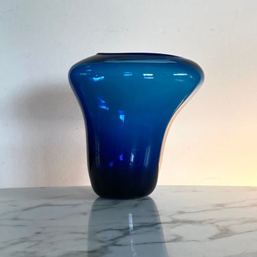 Signed Biomorphic handblown blue glass vase 