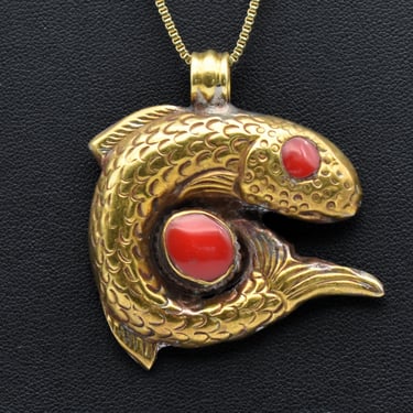 Ornate 60's coral & brass fish floral back boho pendant, big gilded metal red cabs hippie necklace 