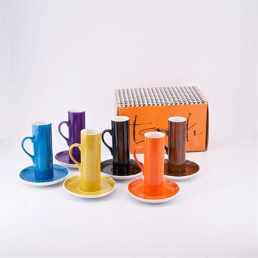 1960s La Gardo Tacket Rainbow Espresso Demitasse Porcelain Cups Mugs Vintage Mid-Century California Modernist 