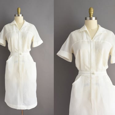 1950s dress | White Uniform Short Sleeve Day Dress | Medium | 50s vintage dress 