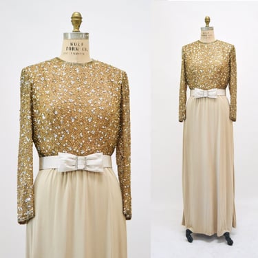 70s 80s Gold Sequin Metallic Dress Gown Wedding Dress 70s Gold Silver Beaded Dress Medium By Claire Pearone// 70s Vintage Beaded Gold Dress 