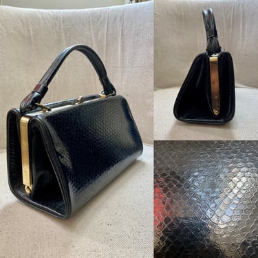Cute Vintage 50s Handbag / Unusual Shape / Gold Hardware / Snake Emboss 