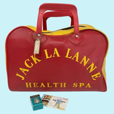 Vintage Vinyl Gym Bag Retro 1970s Mid Century Modern + Jack LaLanne + Health Spa + Red and Yellow + Vinyl + Top Handles + Mens Duffel Bag 