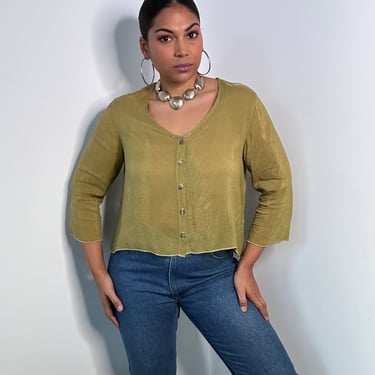 90s Chartreuse Silk Blouse | Vintage Silk Crop Top | Green Silk Button Up | Medium 