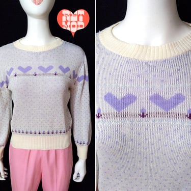 Cute Vintage 80s Purple Heart Pullover Sweater 