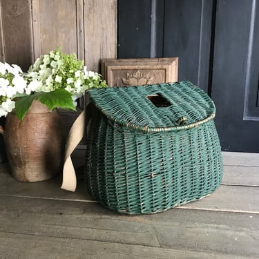 French Fly Fishing Basket, Willow Basket, Green Finish, Canvas Leather Carry Strap 