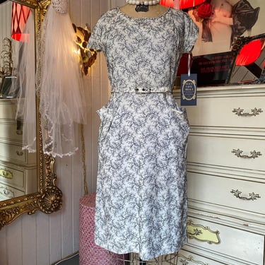 1950s white linen wiggle dress black embroidery pockets rhinestones jeweled 29 