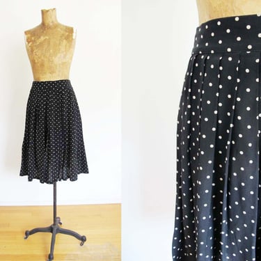 Vintage 90s Polka Dot Silk Pleated Skirt 27 S - 1990s Black Cream Swiss Dot High Waist Knee Length Skirt - Romantic Cottagecore Style 