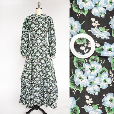 1930s Dress Dark Floral Cotton Ruffle Peasant Bonnet Set M 