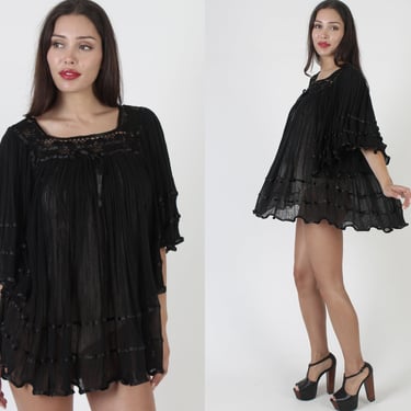 Black Cotton Gauze Micro Mini Dress / Vintage Mexican Crochet Kimono Angel Sleeves / Womens Vacation Cover Up Dress 