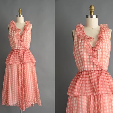 vintage 1970s Dress | Peach Pink Silk Chiffon Albert Capraro Dress | Small 