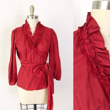 SIZE L Vintage Red Ruffle High Neck Wrap Blouse Puff L 