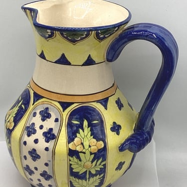 Large Pitcher Multi Colored Mediterranean Style Hand Painted- Chip Free Excellent condition 10" Blue Yellow 