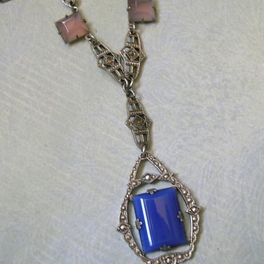 Antique 1930's Art Deco Sterling Marcasite and Blue Chalcedony Necklace, Art Deco Necklace, Sterling Chalcedony Marcasite Necklace (#4503) 