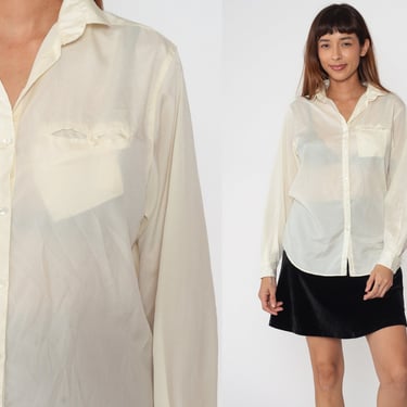 Cream Button Up Shirt 80s Semi-Sheer Blouse Long Sleeve Collared Top Simple Plain Preppy Minimalist Vintage 1980s Liz Claiborne Large 12 