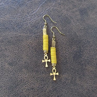 Ankh Egyptian African earrings, yellow polymer clay earrings, fertility symbol, Afrocentric earrings, gold 