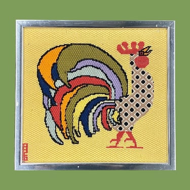 Vintage Rooster Needlepoint 1970s Retro Size 13x14 Eclectic + Handmade + Multi Colored + Embroidery + Boho Fiber Art + Home and Wall Decor 