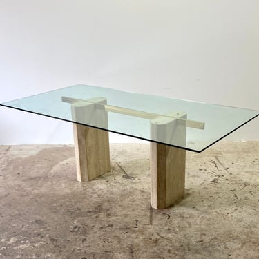 Vintage 1970s Rectangular Glass Top Travertine Base Dining Table by Artedi 
