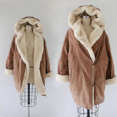 suede + faux fur coat - l - vintage 90s y2k brown beige tan leather warm womens size large winter jacket hooded parka 