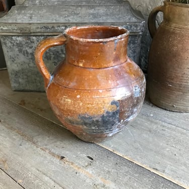 Antique Pottery Jug, 19th C Terra Cotta Pot, Earthenware, Redware, Partial Slip Glaze, Rustic Farmhouse 