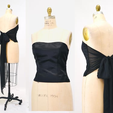 80s 90s Vintage Black Strapless Top Small Medium Large Black Satin Bustier Corset Chiffon Bow// 80s Vintage Black Bustier Black Tie Corset 