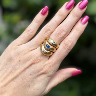 80s Triple Band Brushed Gold Blue Glass Ring Size 8