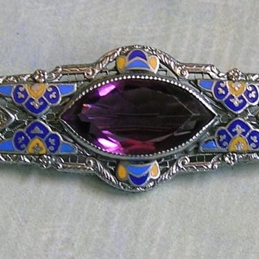 Antique 1930's Art Deco Rhodium and Enamel Pin, Deco Brooch Pin with Purple Glass Stone, Antique Deco Enamel Pin (#4610) 