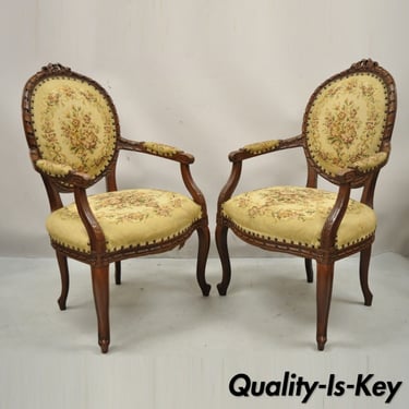 Antique French Country Louis XV Victorian Floral Tapestry Arm Chairs - a Pair