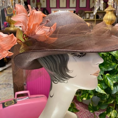 vintage 1970s brown straw wide brim hat, lilies and tulle, Kurt jr 70s millinery 