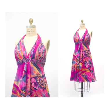 Vintage 00s Y2K Silk Chiffon Dress By Cache Pink Rhinestone Halter neck Summer dress Silk Small 90s 00s Y2k Silk Tank Halter neck Dress 