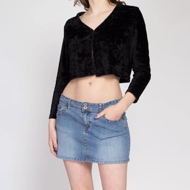 Medium 90s Y2K Bejeweled Denim Mini Skirt | Vintage Low Waist Embroidered Pocket Jean Skirt 