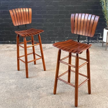 Pair of Mid-Century Modern Sculpted Slatted Walnut & Iron Bar Stools, c.1960’s 