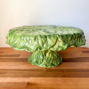 Cabbage Leaf Ceramic Cake Stand. Vintage Green Lettuce Pedestal. 