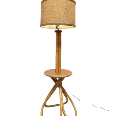 Mid Century Bent Rattan Floor Lamp with Side Table Base and Hemp Shade 