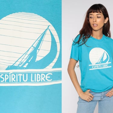 Espiritu Libre Shirt 80s 90s Graphic Tee Sailboat Tshirt Free Spirit Vintage Nautical Tee Single Stitch Blue Screen Stars Extra Large XL 